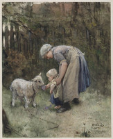 EE 014
<br/>
Het bezoek aan het geitje (de lieveling)
<br/>
<em>Blommers, Bernardus Johannes (1845-1914)</em>